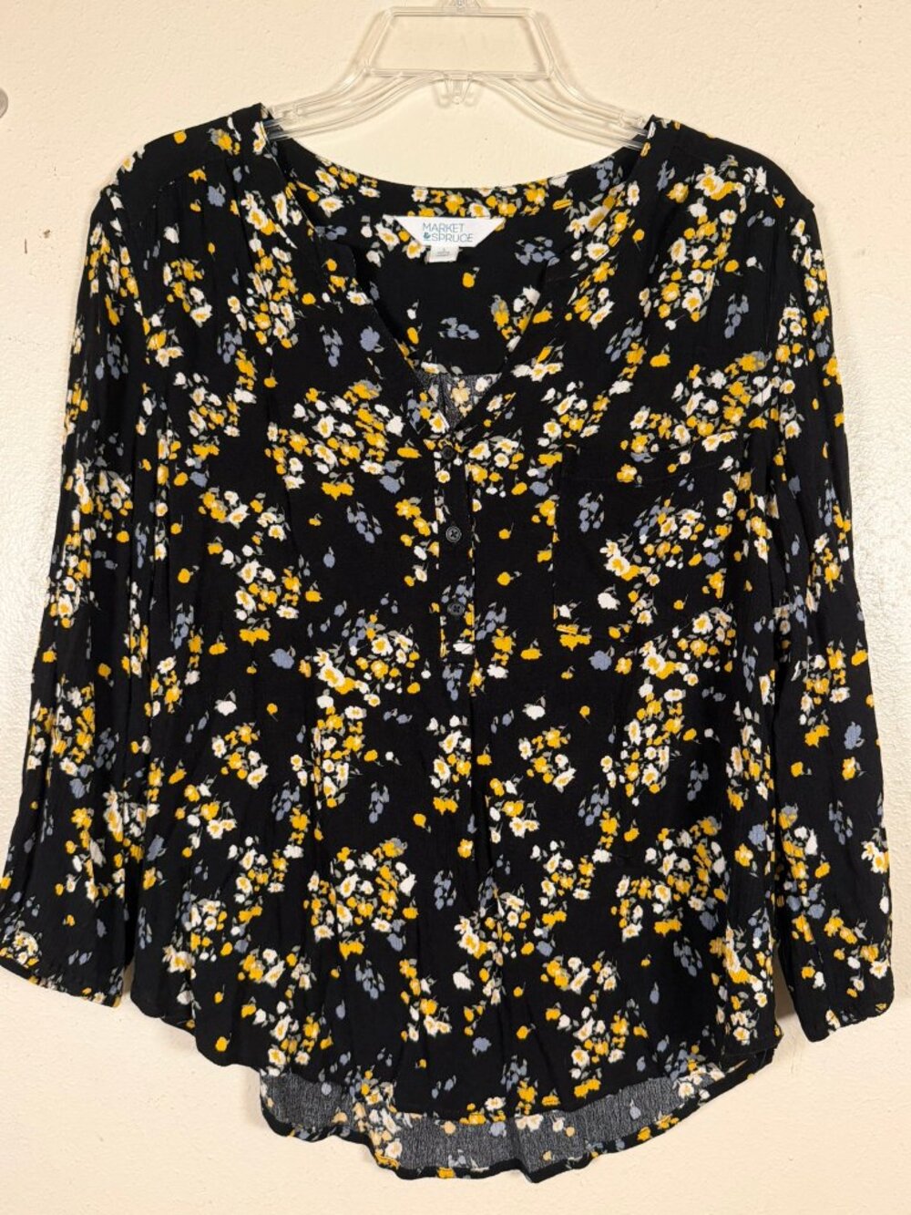 Market & Spruce L Petite Black Floral Blouse 3/4 Sleeve Career Top